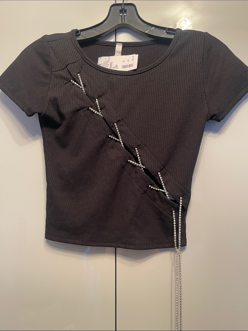 Chocolate Black Ribbed Short Sleeve Top with Rhinestone Accent